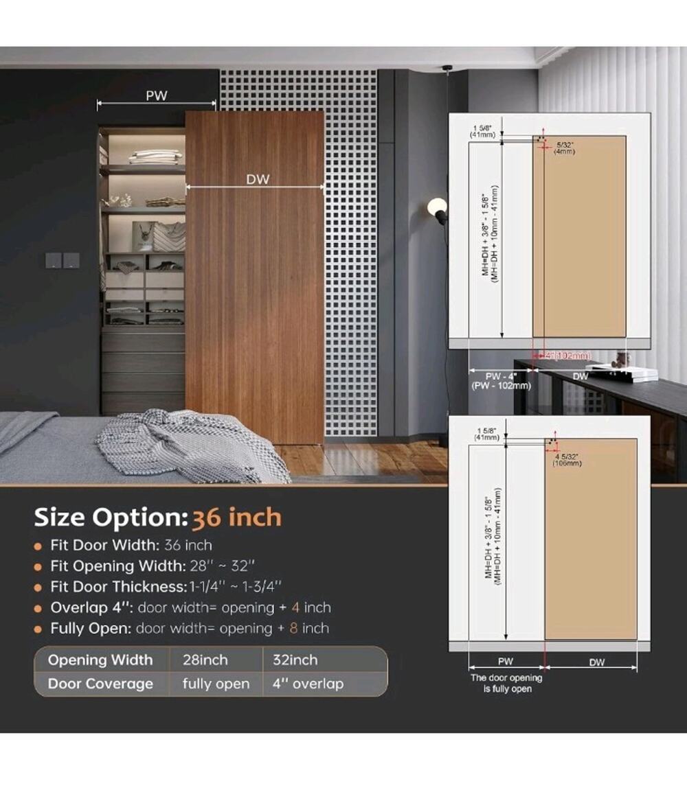 28-36in Concealed Sliding Barn Door Hardware w/ Soft Close Door is not Included